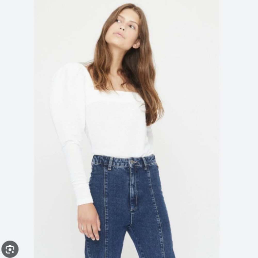 ROTATE Birger Christensen Square Neck Puff Sleeve White Top